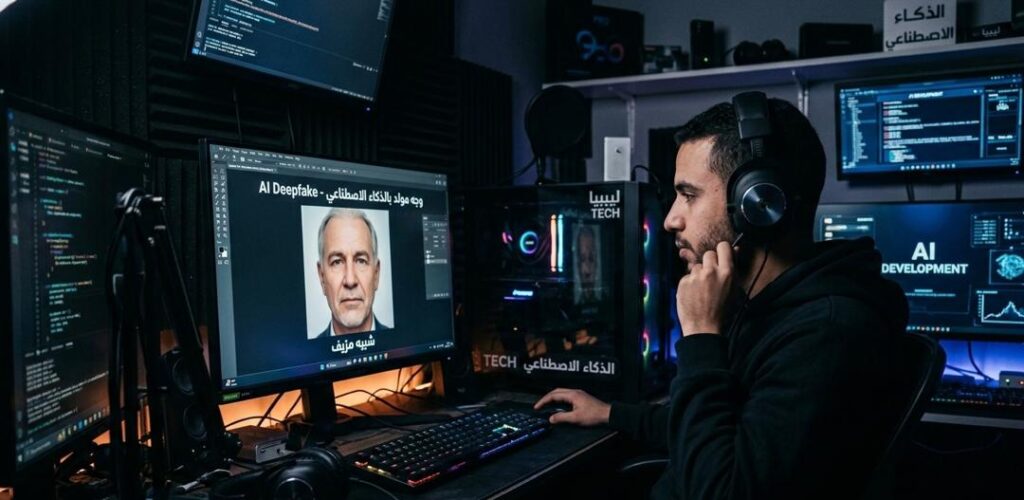 شخص يرتدي سماعة أمام حاسوب يظهر وجهًا مزيفًا بالذكاء الاصطناعي - مشهد تقني مظلم