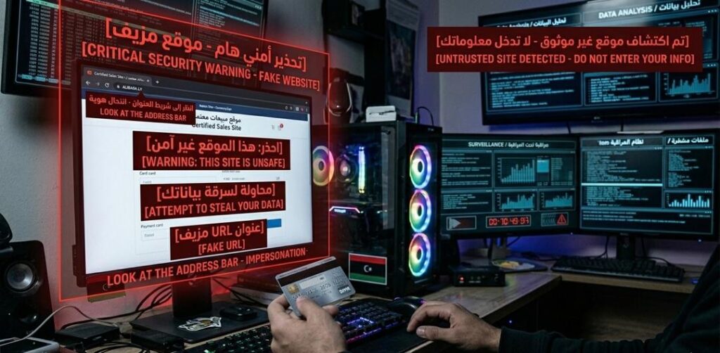 A person using a bank card online with digital warning indicators