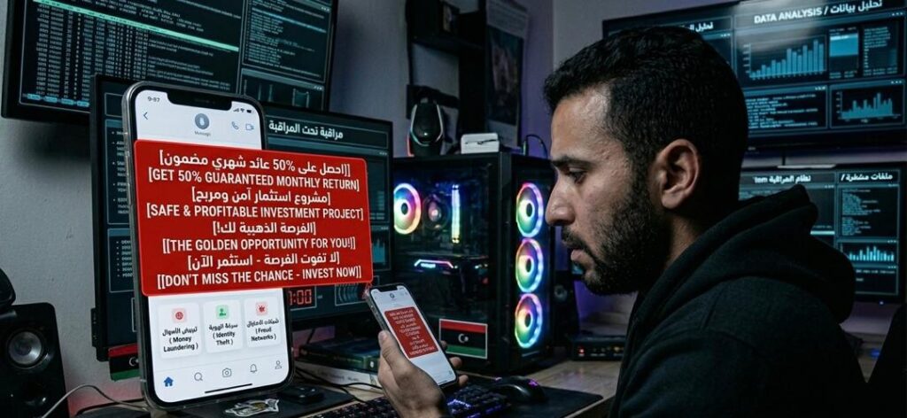 A group of people using their phones with misleading investment messages