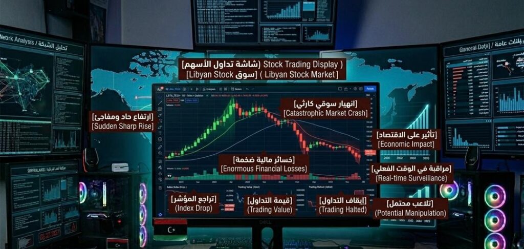 A stock trading screen showing a sharp rise followed by a sudden crash in red and green colors