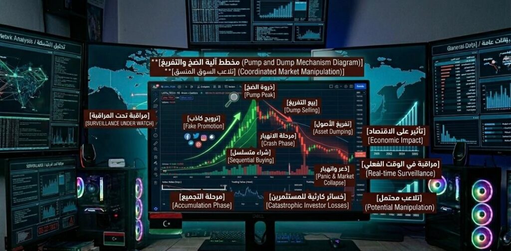 A diagram illustrating the pump-and-dump mechanism from rise to collapse